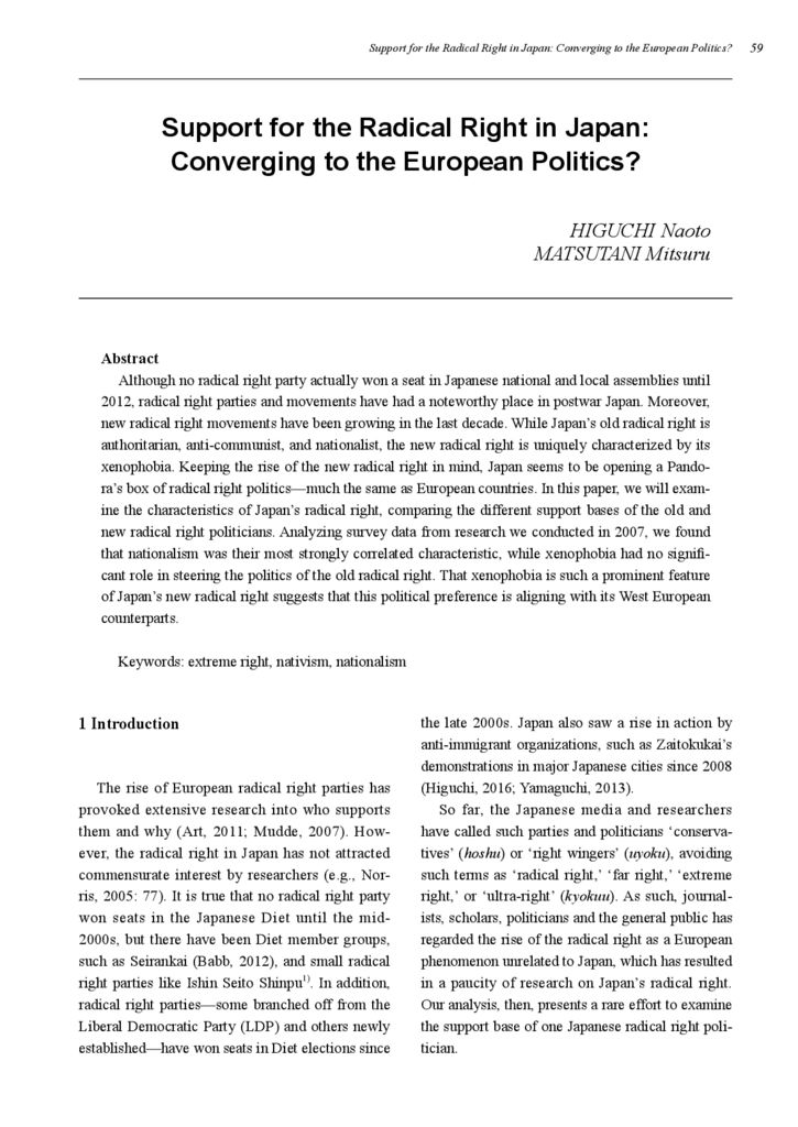 [Electric data]Support for the Radical Right in Japan: Converging to the European Politics?